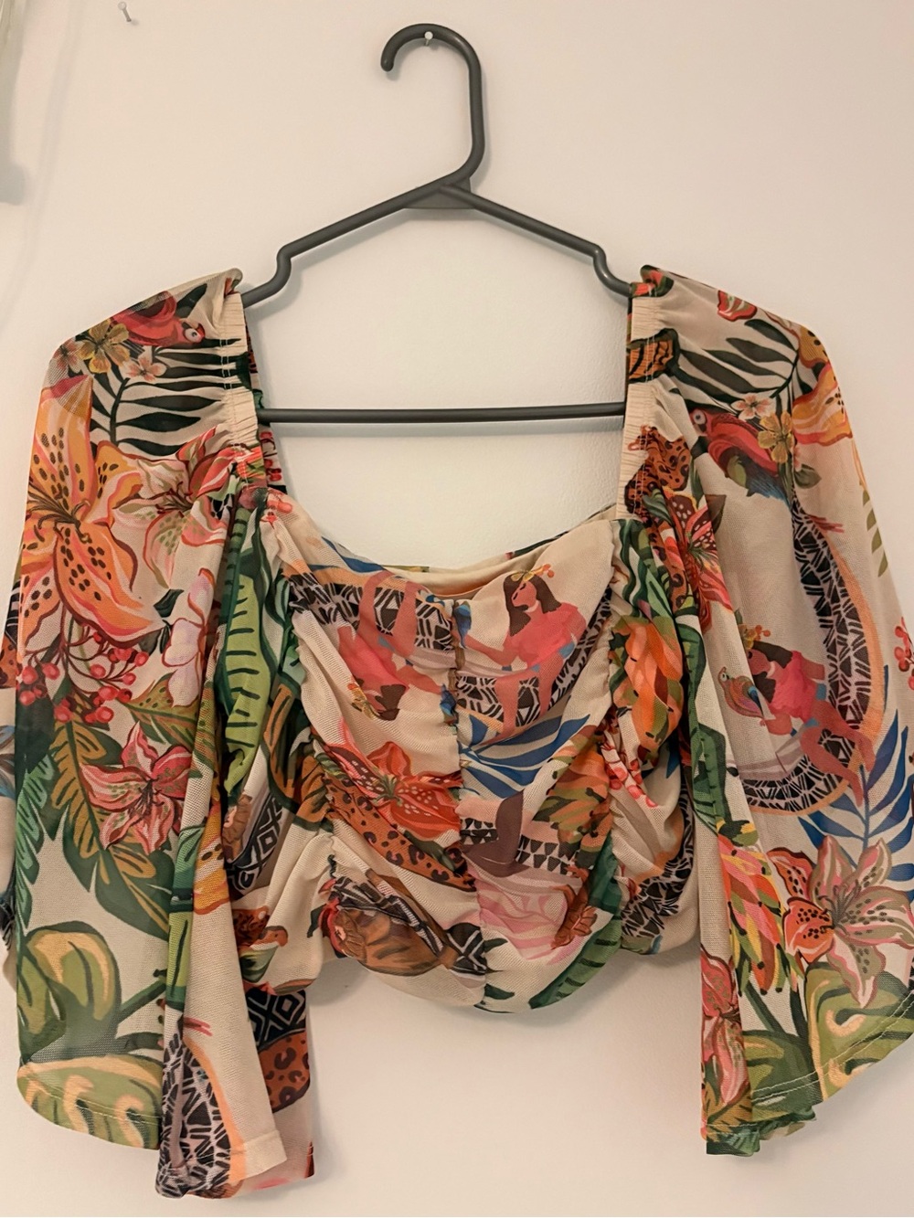 Tropical Print Off-Shoulder Crop-Top Blouse Cream with Multicolor Floral Designs